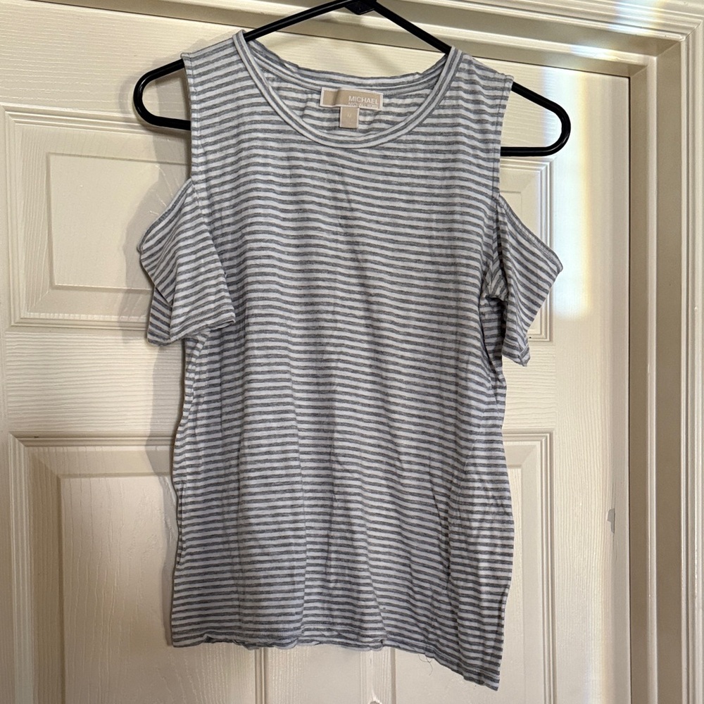 Michael Kors Gray and White Striped off shoulder Tee